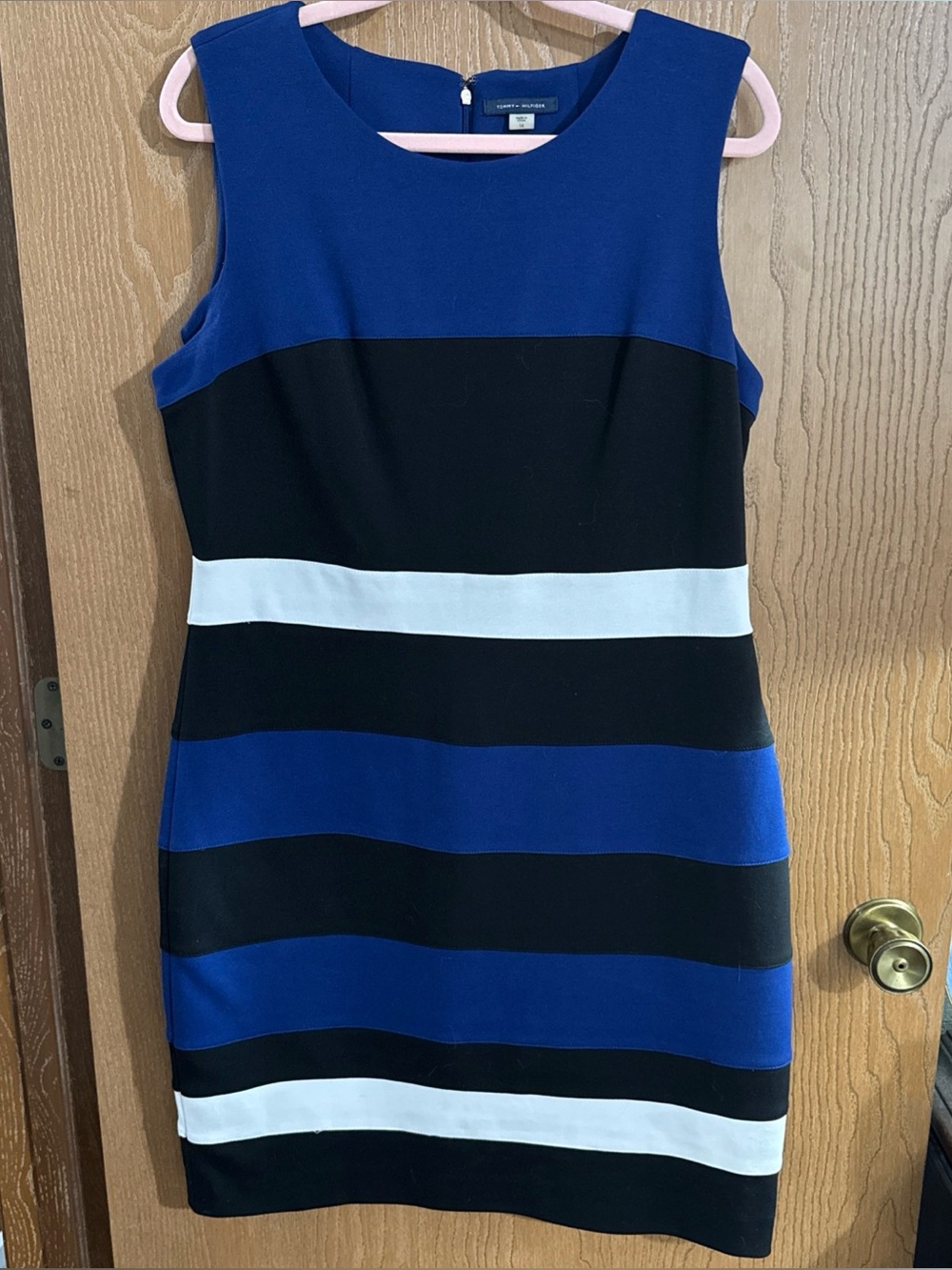 Tommy Hilfiger Striped Sheath Dress Blue Black White Sleeveless Knee Zip Size 14
